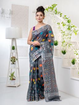 CHARUKRITI - Grey Silk Cotton Handwoven Jamdani Saree