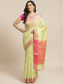 Indethnic - Banarasi Lime Green Woven Design Festive Wear Saree With Unstitched Blouse