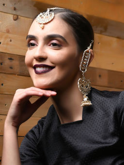 Odette - Traditional Golden And White Rhinestone Earring With Hair Chain (Set of 2)