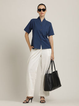 Saltpetre - Women Navy Blue Organic Cotton V-Neck Shirt with Pant (Set of 2)