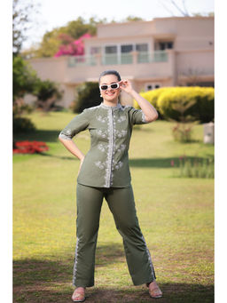 GAURI DESIGNER APPARELS - Ella Embroidered Olive Co-Ord (Set of 2)