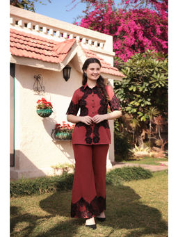 GAURI DESIGNER APPARELS - Applique Lace Brown Co-Ord (Set of 2)