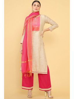 Soch - Women Beige Checks Dress Material (Set of 3)