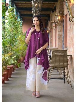 Aavanya - Purple V Neck Flared Sleeve Kaftan Kurta with Palazzo