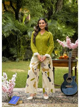 Aavanya - Olive Cotton Schiffli Full Sleeve Shirt Collar Top and Palazzo