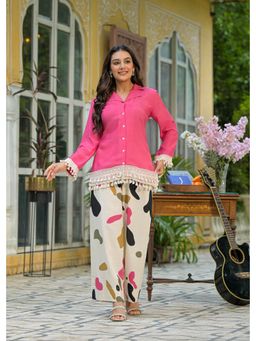Aavanya - Pink Cotton Schiffli Full Sleeve Shirt Collar Top and Palazzo