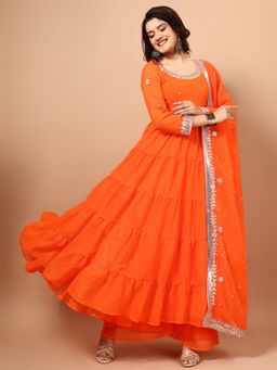 Wedani - Embroidered Orange Anarkali Kurta with Pant and Dupatta