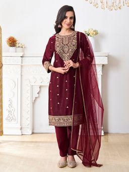 INDDUS - Maroon Zari and Sequinned Embroidered Kurta with Pant and Dupatta