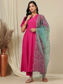 INDDUS - Pink Solid Anarkali Kurta with Pant and Embroidered Dupatta