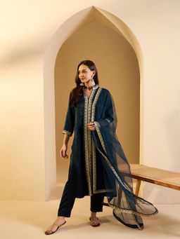 INDDUS - Teal Zari Embroidered High Slit Kurta with Pant and Dupatta