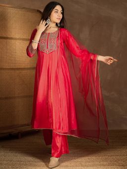 INDDUS - Women Red Zari and Sequinned Embroidered Kurta with Palazzo and Dupatta
