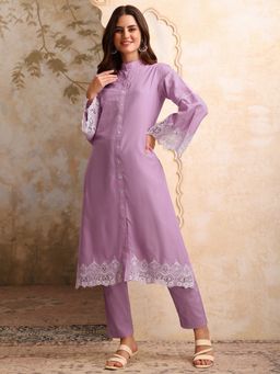 INDDUS - Lavender Thread Embroidered A-Line Kurta with Pant