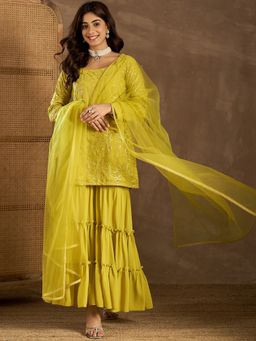 INDDUS - Mustard Sequinned Embroidered Kurta with Sharara and Dupatta