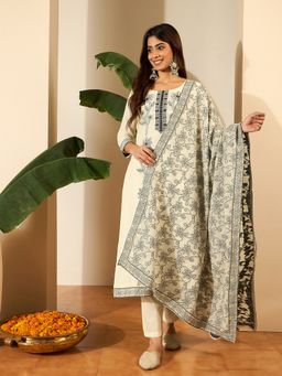 INDDUS - Off White Thread Embroidered Kurta with Pant and Dupatta