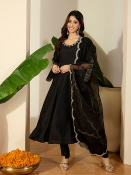 INDDUS - Zari and Sequinned Embroidered Black Anarkali Kurta with Pant and Dupatta