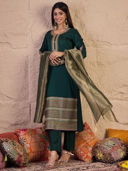 INDDUS - Green Zari and Sequinned Embroidered Kurta with Pant and Dupatta