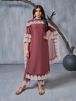 INDDUS - Mauve Floral Thread Embroidered Kurta with Pant and Dupatta