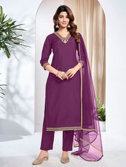 INDDUS - Wines Zari and Sequinned Embroidered Kurta with Pant and Dupatta