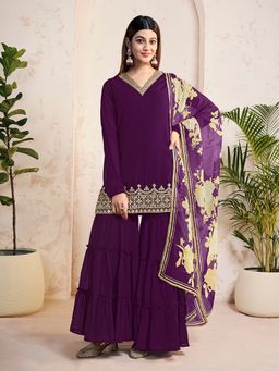 INDDUS - Wine Zari and Sequinned Embroidered Kurta with Sharara and Dupatta