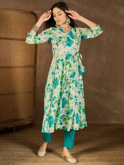 INDDUS - Women Turquoise Floral Printed Mirror Work Angrakha Kurta with Pant