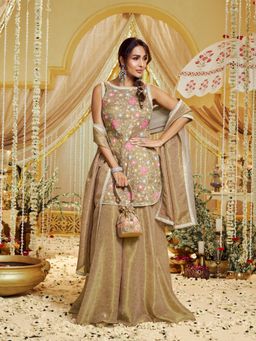 INDDUS - Women Thread Embroidered Gold Kurta with Sharara and Dupatta