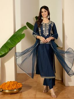 INDDUS - Navy Blue Zari and Sequinned Embroidered Kurta with Pant and Dupatta