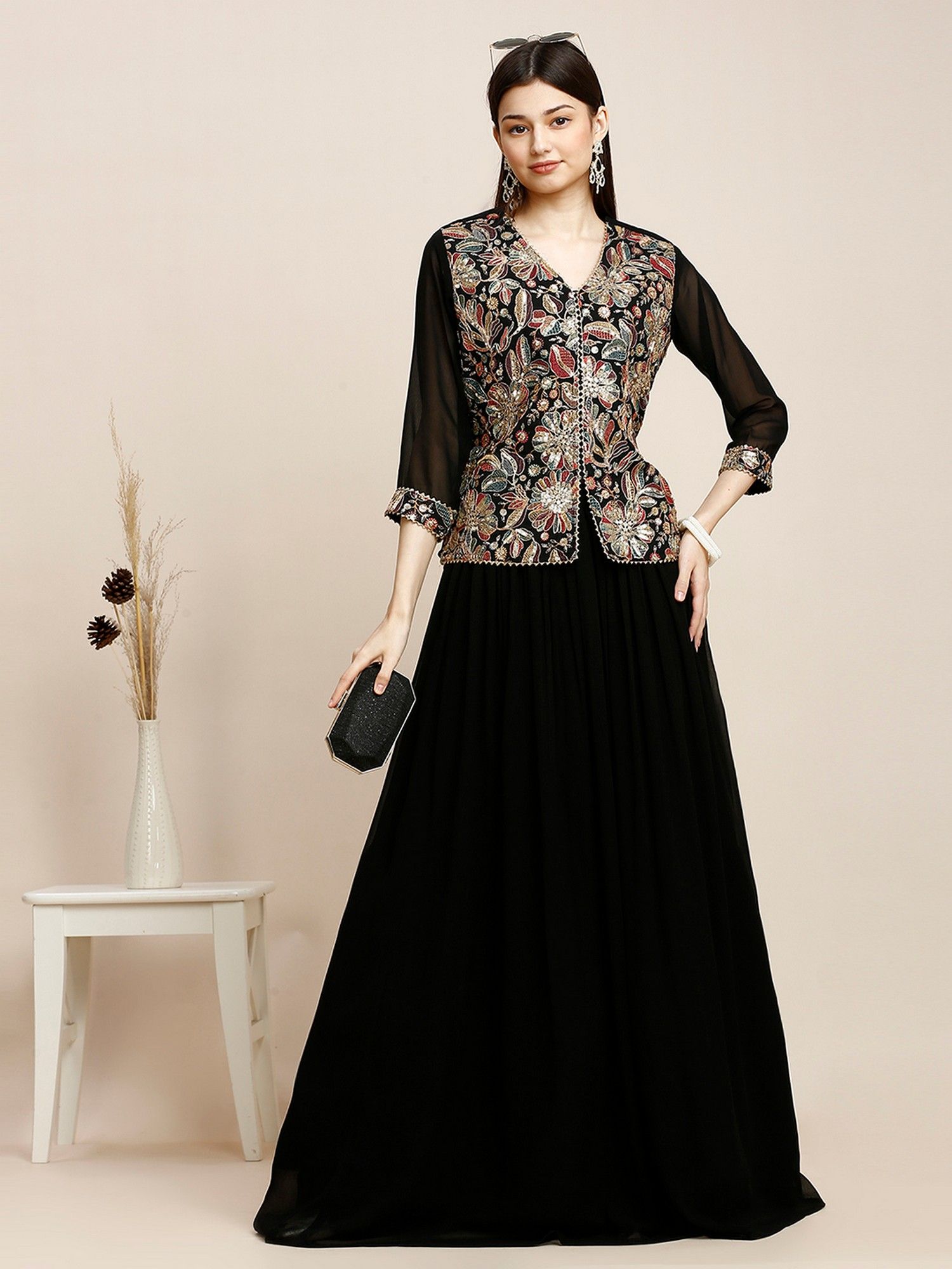 madhuram Women Black Embroidered Full Sleeve Top with Skirt-picture-23