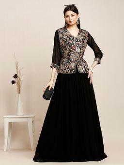 MADHURAM - Women Black Embroidered Full Sleeve Top with Skirt
