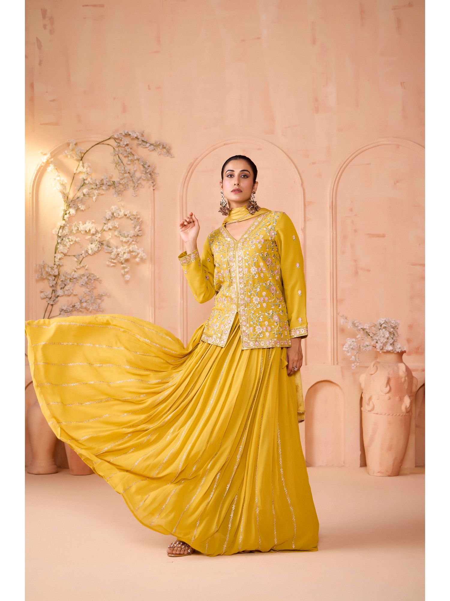 madhuram Women Yellow Embroidered Top with Skirt and Dupatta-picture-42