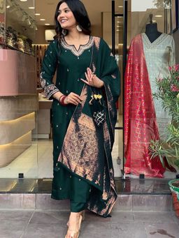 Suha - Teal Art Silk Embroidered Kurta with Pant and Dupatta