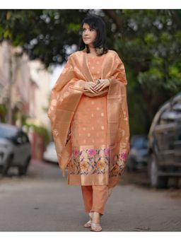 Suha - Orange Silk Blend Woven Floral Kurta with Pant and Dupatta