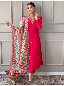 Suha - Pink Tesla Cotton Slub Embroidered Kurta with Pant and Dupatta