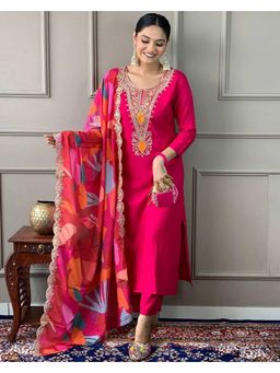 Suha - Pink Tesla Embroidered Kurta with Pant and Dupatta