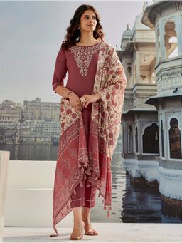 Suha - Mauve Cotton Silk Embroidered Kurta with Pant and Dupatta