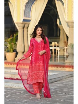 Suha - Pink V-Neck Bandhani Printed Kurta with Pant and Dupatta
