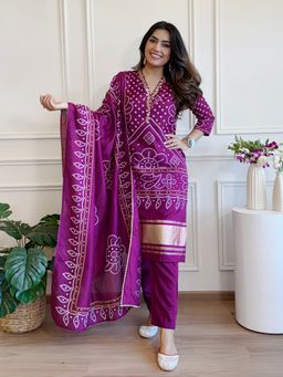 Suha - Purple Viscose Printed Bandhani Kurta with Pant and Dupatta