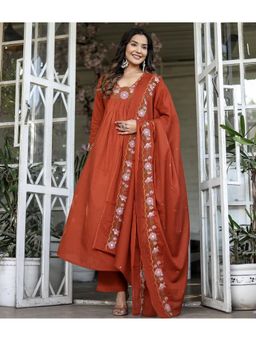 Suha - Orange Rayon Slub Embroidered Kurta with Pant and Dupatta