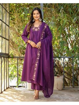 Suha - Purple Rayon Slub Embroidered Kurta with Pant and Dupatta