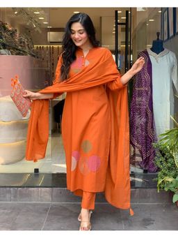 Suha - Orange Rayon Slub Embroidered Kurta with Pant and Dupatta