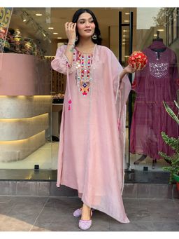 Suha - Baby Pink Cotton Slub Embroidered Kurta with Pant and Dupatta