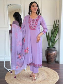 Suha - Lavender Cotton Slub Embroidered Kurta with Pant and Dupatta