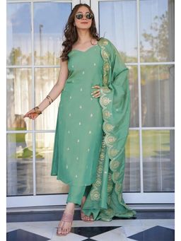 Suha - Green Cotton Slub Embroidered Kurta with Pant and Dupatta