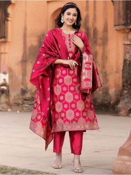 Suha - Red Silk Blend Floral Woven Kurta with Pant and Dupatta