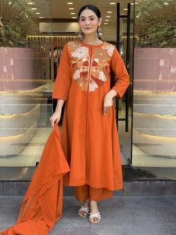 Suha - Orange Cotton Slub Embroidered Kurta with Pant and Dupatta