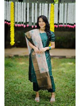 Suha - Teal Silk Blend Jacquard Woven Kurta with Pant and Dupatta
