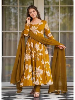 Suha - Mustard Rayon Slub Floral Print Anarkali Kurta with Pant and Dupatta