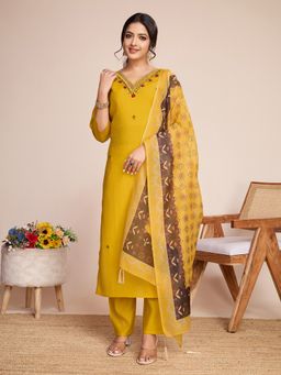 Suha - Yellow Art Silk Embroidered Kurta with Pant and Dupatta