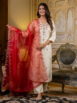 Suha - Off White Cotton Slub Embroidered Kurta with Pant and Dupatta