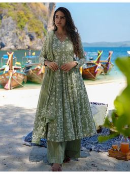 Suha - Green Rayon Slub Anarkali Kurta with Palazzo and Dupatta