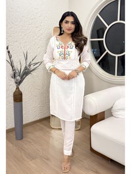 Suha - White Pure Cotton Embroidered Kurta with Pant